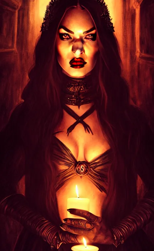 Prompt: megan fox witch queen, black eyes, blood, full body, intricate victorian dress, full body, cinematic lighting, symmetrical eyes, rafael albuquerque, charlie bowater, moody lighting, candles