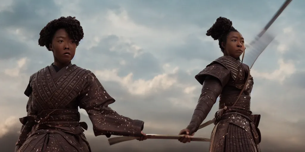 Image similar to a film still of a black woman starring in a japanese blockbuster film as ancient samurai, levitating mid air, intense, shallow depth of field, cinematic, award winning cgi, vfx, film still
