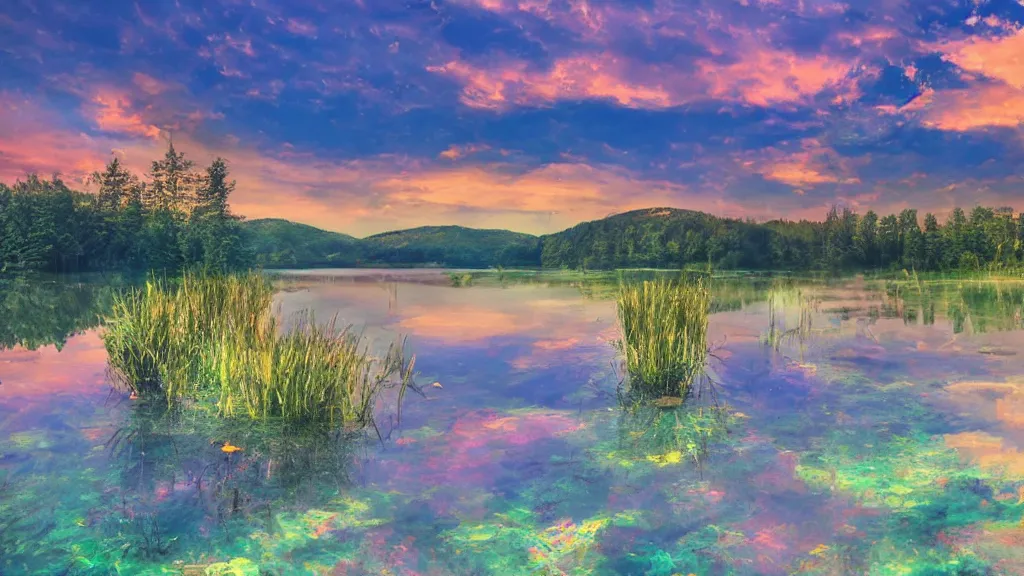 Prompt: lsd themed trippy tranquil mesmerizing calm lake at sunset detailed, 8k, mesmerizing, low saturation, high resolution