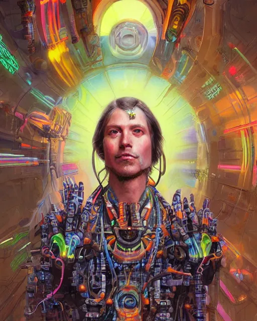 Image similar to a futuristic male hippie wearing tie - dye and cybernetic - implants | cyberpunk art | highly detailed | very intricate | symmetrical | cinematic lighting | award - winning | closeup portrait | painted by donato giancola and mandy jurgens and rossdraws and rhads | featured on artstation