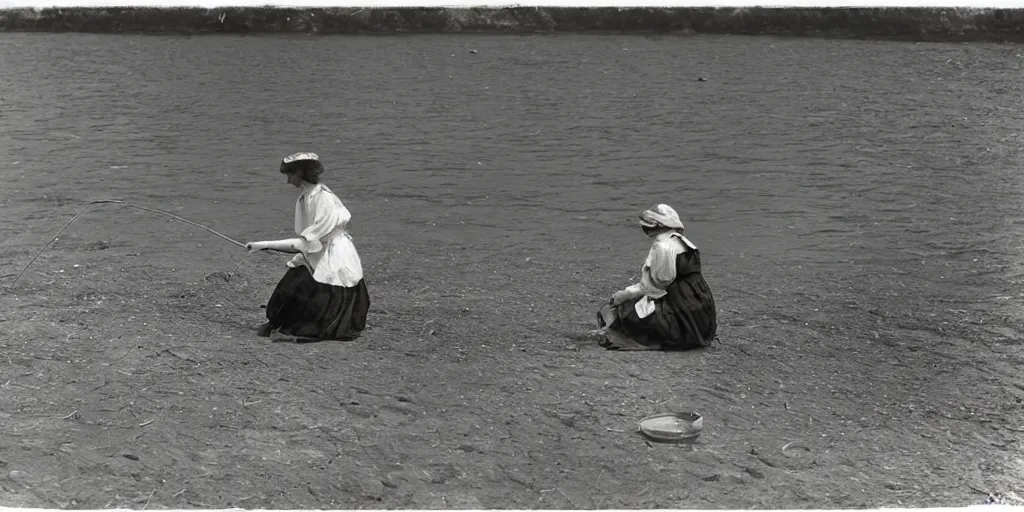 Image similar to a young edwardian woman fishing on a small beach, old yellowed black and white photograph