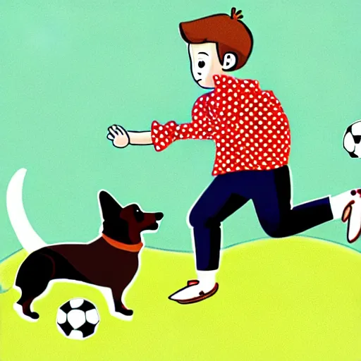 Image similar to illustration of french boy playing football with a corgi wearing a polka dot scarf in paris