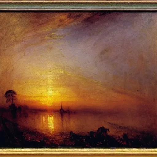 Prompt: sunset over the river william turner, atmospheric expressionism, vibrant