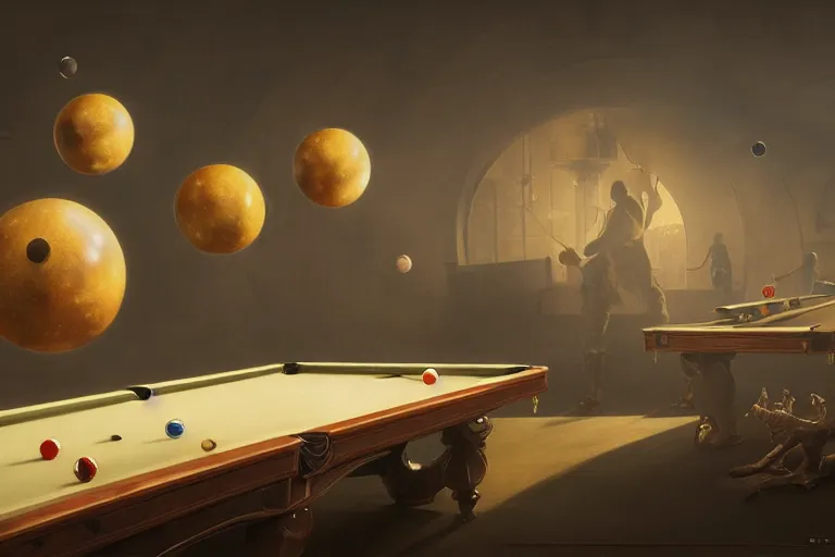 Image similar to a billiards table with planets for balls, matte painting, long shot, concept art, wide shot, digital art, trending on artstation, 4 k, extremely detailed, realistic, midday, warm colors, golden sunlight, by greg rutkowski, cinematic, epic