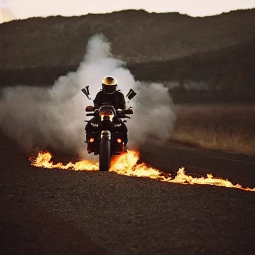 Prompt: “a knight in full armor on a burning motorcycle 🏍 that is one fire in an empty desolate field at nighttime”