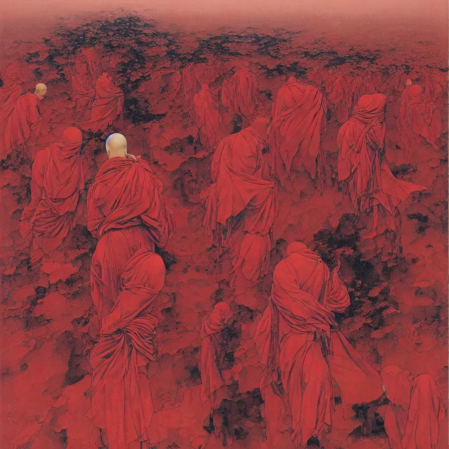 Image similar to ! dream faceless monks on a desert, red color scheme, high detailed beksinski painting, by adrian ghenie and gerhard richter. art by takato yamamoto. masterpiece, deep colours.