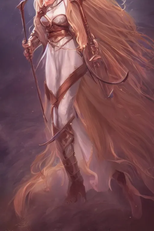 Prompt: A beautiful female dnd cleric with long flowing hair by WLOP, ross tran and larry elmore