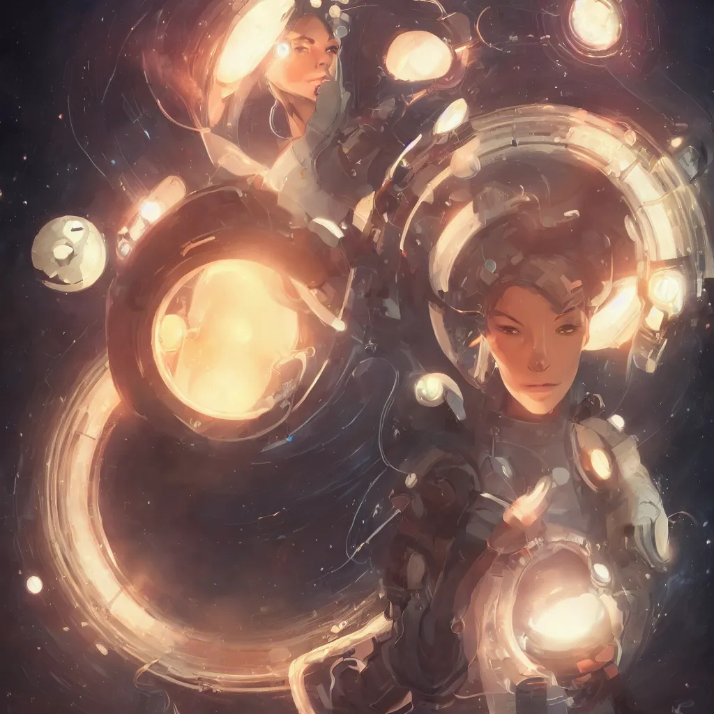 Prompt: a beautiful female scientist holding a small black hole in her hands, anime art, symmetrical facial features, symmetrical proportions, illustration, style by jordan grimmer and greg rutkowski