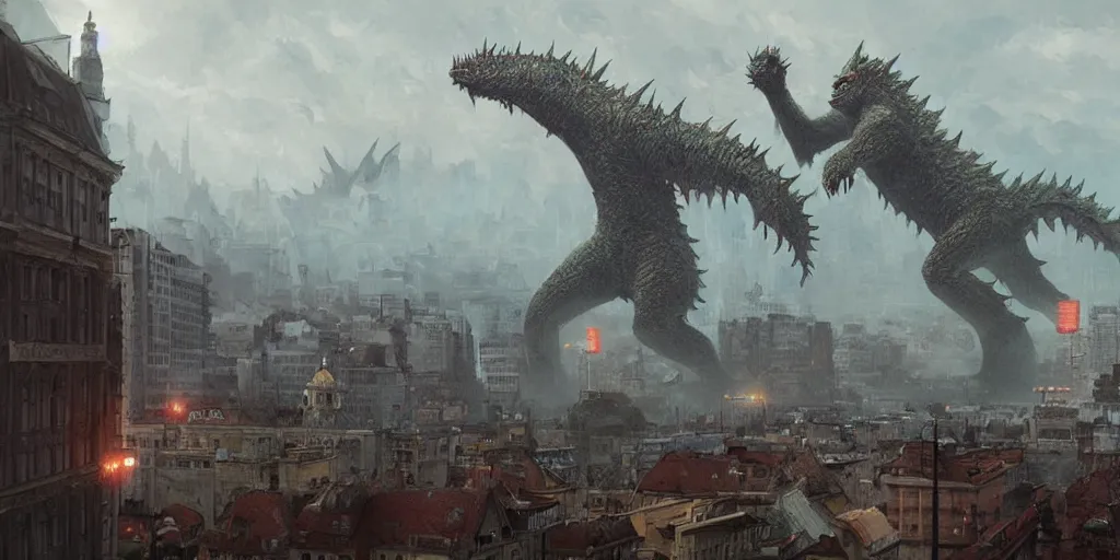 Prompt: kaiju attack in budapest painting, greg rutkowski, detailed, cinematic