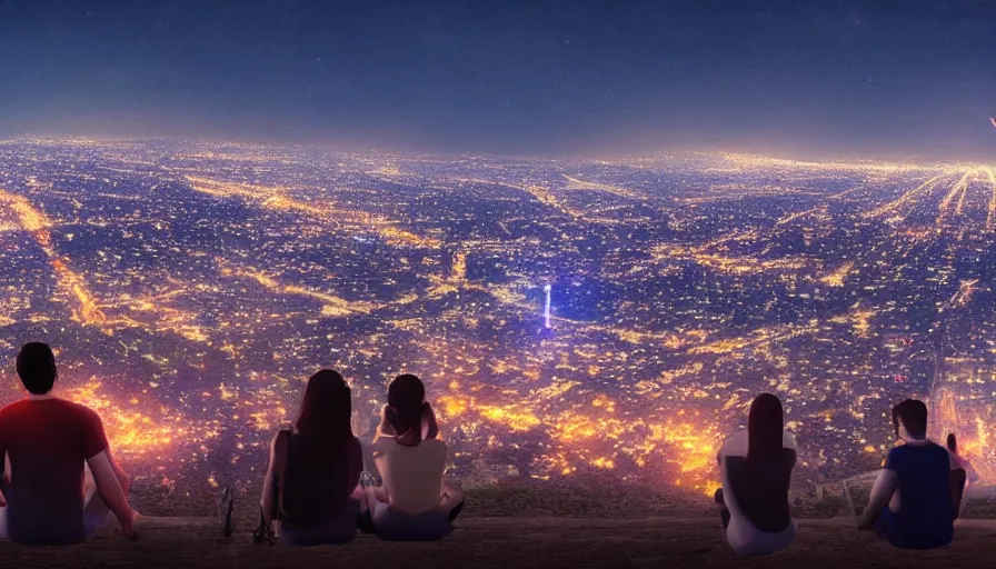Image similar to people sitting on a hill watching fireworks above los angeles, hyperdetailed, artstation, cgsociety, 8 k