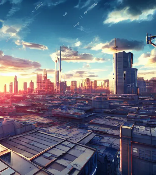 Image similar to sci - fi city rooftop view, blue sky, highly detailed, beautiful light and sunset, photorealistic, octane render