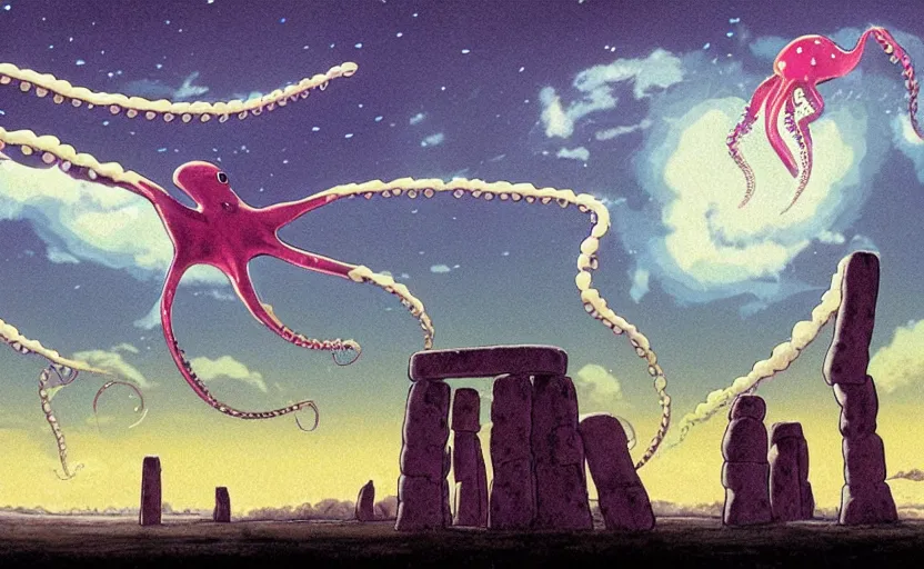 Prompt: a realistic cell - shaded studio ghibli concept art from paprika ( 2 0 0 6 ) of a flying multi - colored octopus from close encounters of the third kind ( 1 9 7 7 ) in a flooded stonehenge on a misty starry night. very dull colors, wide shot, hd, 4 k, hq