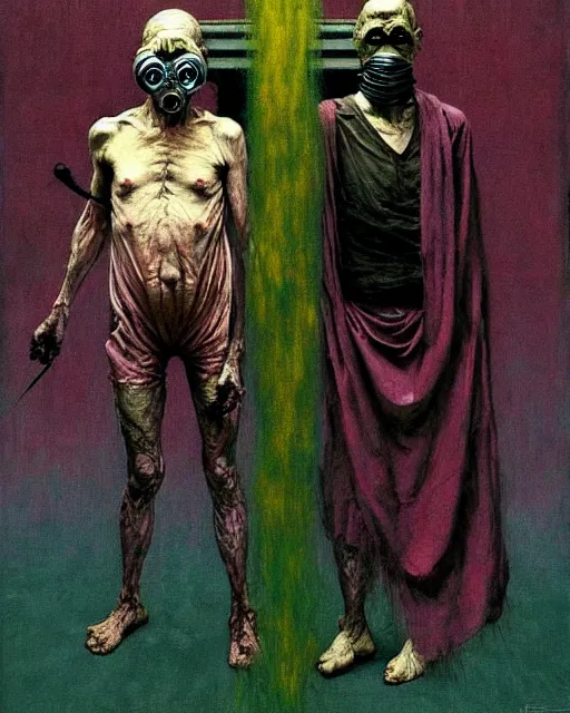 Image similar to two skinny old people with extra limbs, wearing gas masks, bodies wrapped in robes of gold, green and pink, during a biohazard apocalypse, cinematic, dystopian, eerie, horror, gothic, highly detailed painting by Francis Bacon, Beksinski, Esao Andrews, Edward Hopper, surrealism, art by Takato Yamamoto and !!!James Jean!!!