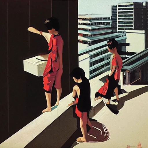 Prompt: art of two singapore students on the roof of a hdb flat, by syd mead