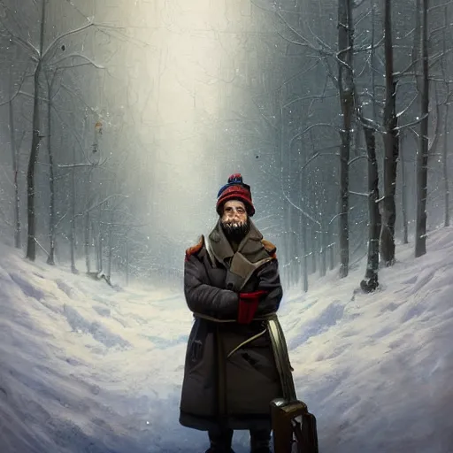 Image similar to beautiful snow - covered plumber posing in museum, half - length portrait, perfect symmetrical eyes, cinematic by peter mohrbacher, detailed, hyperrealism