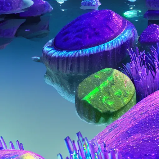 Image similar to underwater crystals, 3 d render, incredible details, highly detailed, photorealistic, disney pixar, smooth, octane render, iridescent, 8 k