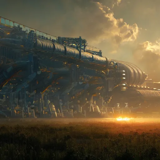 Image similar to factorio, automation, pollution, machina, soft lighting, crepuscular rays, realistic octane render, 8k, ultra detailed, concept art, painted by gaston bussiere