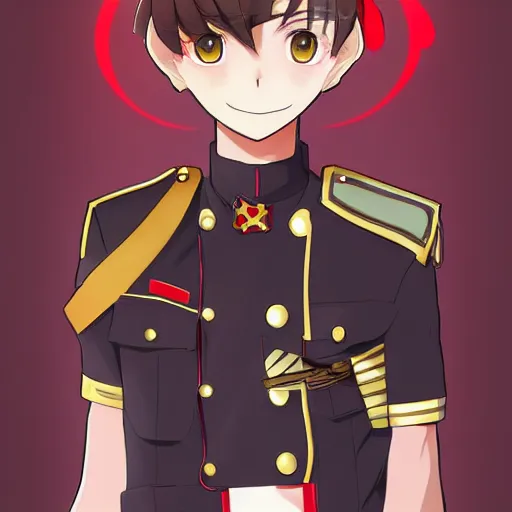 Prompt: Smooth tawny short hair anime cute boy,red eyes,kawaii, Wearing the gorgeous and handsome military uniforms of European royal princes,handsome anime pose, anime full body illustration, 8K, best anime character design, Official character illustration,Popular on Pixiv,Dream idol Festival,Zerochan Post Art