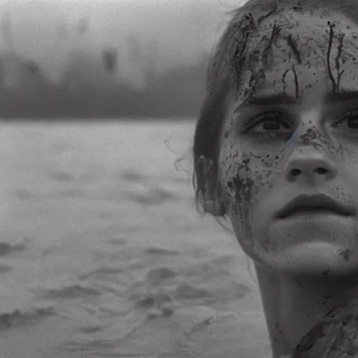 Image similar to film still, close up, emma watson rising out of muddy vietnam river, face covered in mud, low camera angle at water level, night time, film still from apocalypse now ( 1 9 7 9 ), 2 6 mm