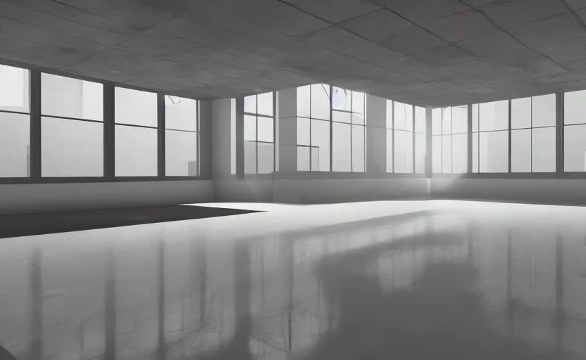 Image similar to empty room, big open floor, large random with colourful 3 d objects, unreal engine and v - ray render.