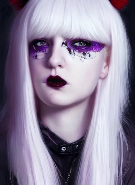 Image similar to portrait of white teenage girl, normal face, white bangs, mall goth, cyberlox, black and white hair, bangs, fluffy bangs, red contact lenses, purple lipstick, intricate, elegant, highly detailed, digital painting, artstation, concept art, sharp focus, smooth, illustration, art by wlop, mars ravelo and greg rutkowski