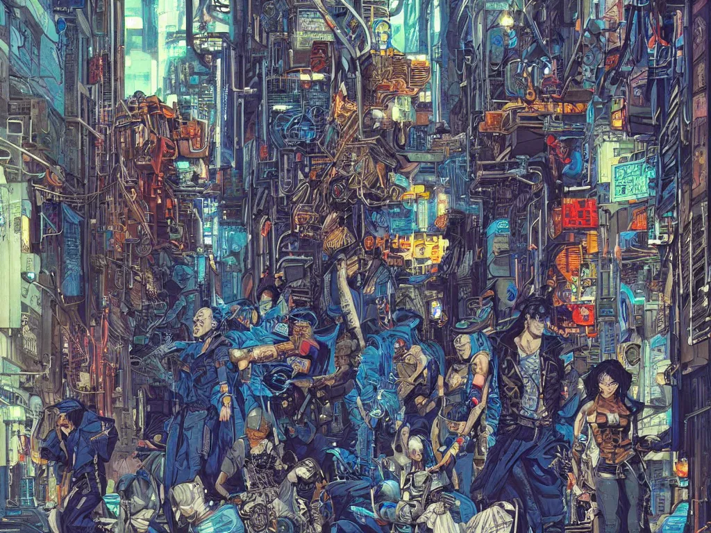 Prompt: a cyberpunk gang in the alleyway between art deco buildings, graffiti, fine detail, wide shot, intricate, polished, blue color scheme, digital art, illustration, by john smith and noriyoshi ohrai and george luks