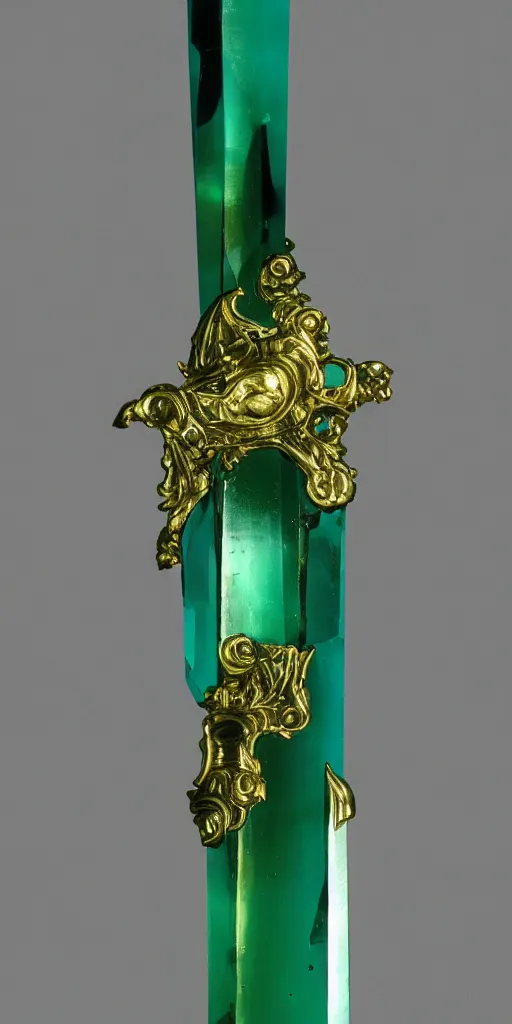 Image similar to photograph of a wide green and teal crystal sword with a big gold sword hilt