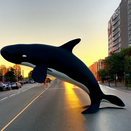 Image similar to photo of an enormous full sized needle - felted killer whale crossing a busy street golden hour