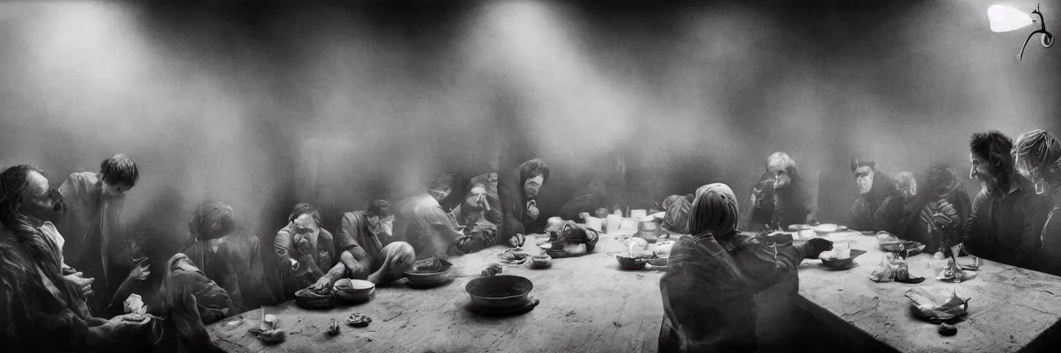 Prompt: Award Winning Editorial wide-angle picture of a Tramps in a Soup Kitchen by David Bailey and Lee Jeffries, called 'The Last Supper', 85mm ND 5, perfect lighting, gelatin silver process