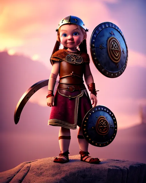 Image similar to an adorable toy of a viking girl with her shield raised to defend, pixar style, authentic viking armor, historically accurate, clean detail, symmetrical, octane render, studio lighting