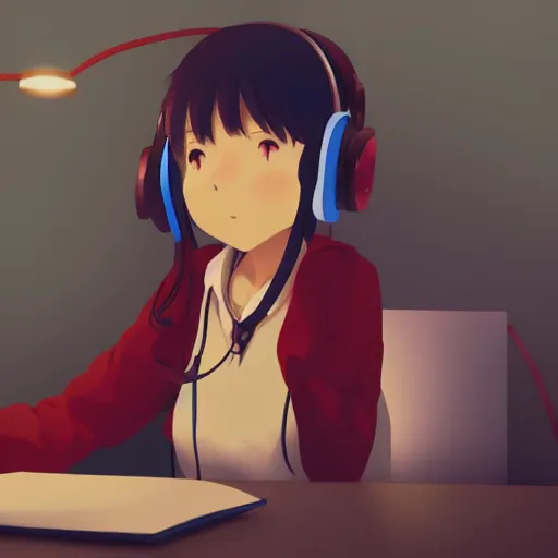 Prompt: lo - fi anime girl, wearing a blue cardigan and red aesthetic lo - fi headphones, studying in a brightly lit room, a lamp hovers above as it illuminates the room, nighttime!!!!!!, cgsociety contest winner, artstation, dim lighting, studio ghibli!!!, 4 k