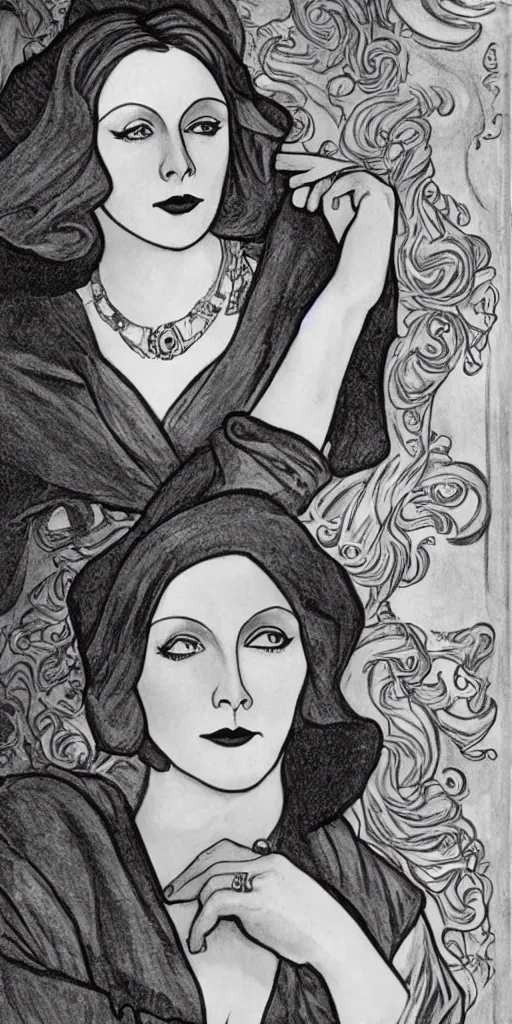 Image similar to Greta Garbo in the style of Mucha