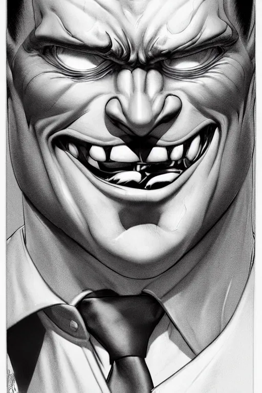 Prompt: 3 d model of a handsome young man with a sinister grin by brian bolland, rachel birkett, alex ross, and neal adams | dark, intimidating, imposing, portrait, character concept, concept art, unreal engine, finalrender, centered, deviantart, artgerm