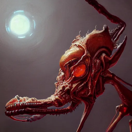 Image similar to scifi portrait by Greg Rutkowski, hideous monster made of twisted human flesh and reddish ooze, lumpy bloated upper body with elongated, thin limbs like a mantis, small head like a ball with two empty holes for eyes, only human beings are its legs, vicious appearance, scifi, space horror, digital painting, artstation, concept art, smooth, sharp foccus ilustration, Artstation HQ.
