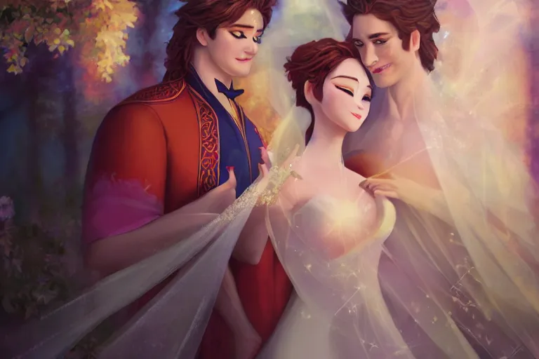 Image similar to a cinematic portrait of wedding photograph jpeg close up moment of a divine a japan sun god and moon goddess lovers magician at a wedding banquet. portraiture. digital painting. artstation. concept art. wedding photo. illustration. frozen ii art masterpiece by art by krenz cushart