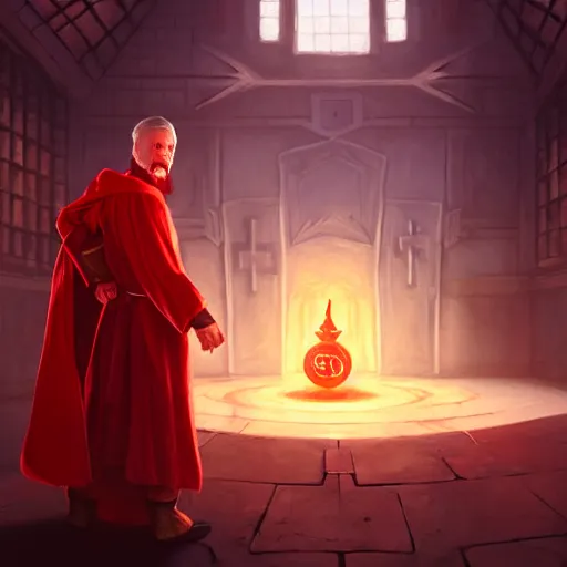 Prompt: evil male sorcerer, alchemist library background, the room filled with colorful magic, red robe, white skin, young, sharp, brown hair, beard, concept art, digital art, dynamic lighting, unreal engine, octane, by greg rutkowski and rudy siswanto