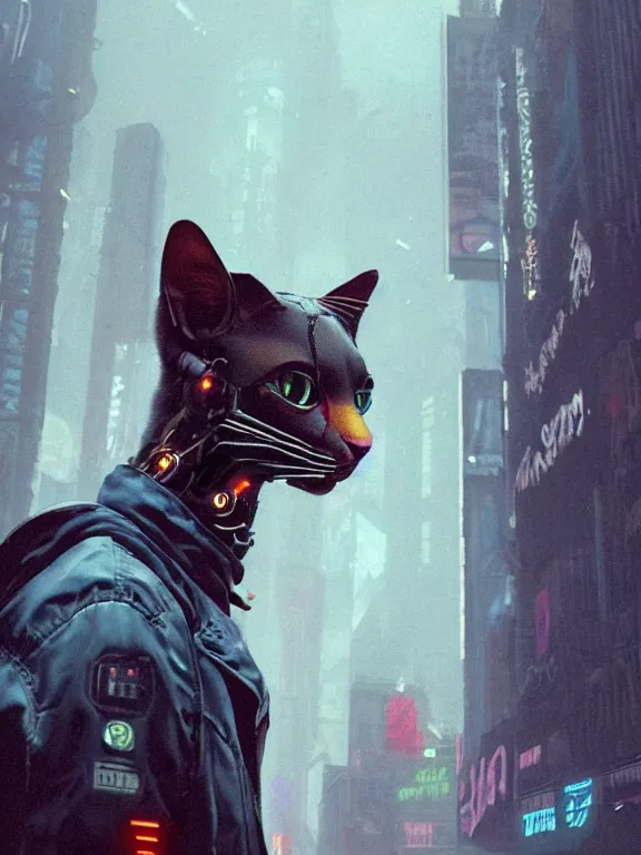 Image similar to new york city portrait of furry anthro anthropomorphic cat head animal person fursona wearing clothes strange cybernetic muzzle gloomy rainy screenshot from the video game cyberpunk 2077 digital art by Greg Rutkowski, Simon Stalenhag, christopher nolan trending on Artstation, CGSociety