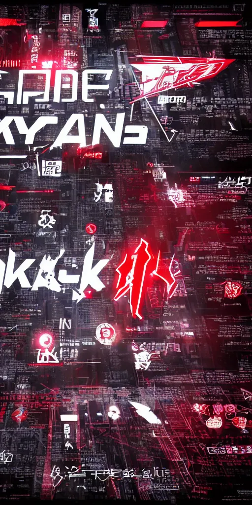 Image similar to a photo of a banner with symbols, cyberpunk logos of megacorporations, kanji and symbols, black white red, sci fi font, graphic design, 8 k, innate studio