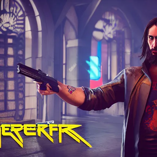 Image similar to Jesus in Cyberpunk 2077 with a pistol, Orthodox icon, handmade, wooden greek christian athos icon , concept art, unreal engine, 4k render, global illumination, blender, cycles, featured on artstation, pixiv