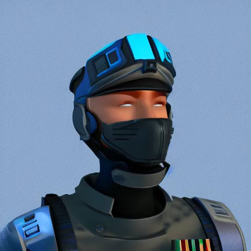 Image similar to a futuristic soldier captain with a ballistic visor and a blue shoulderpad