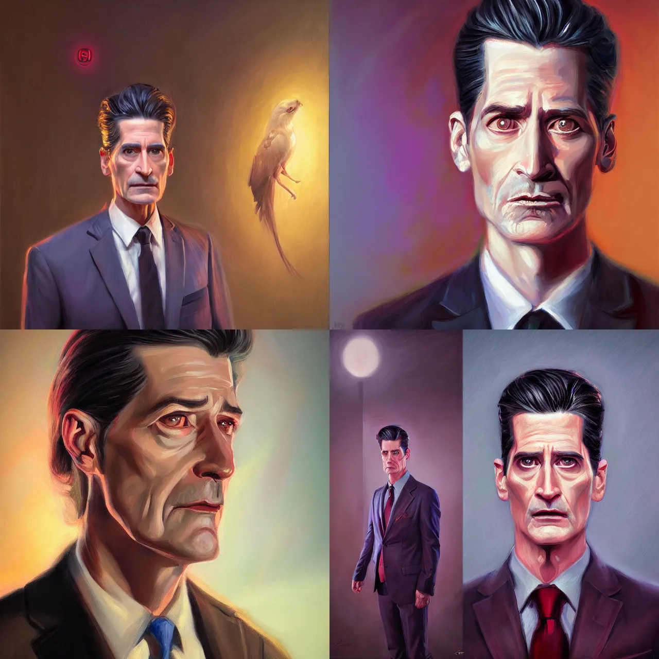 Prompt: portrait of a dale cooper from twin peaks by mandy jurgens, cartoon, oil painting, visionary art, symmetric, magick symbols, holy halo, dramatic ambient lighting, high detail, vibrant colors,