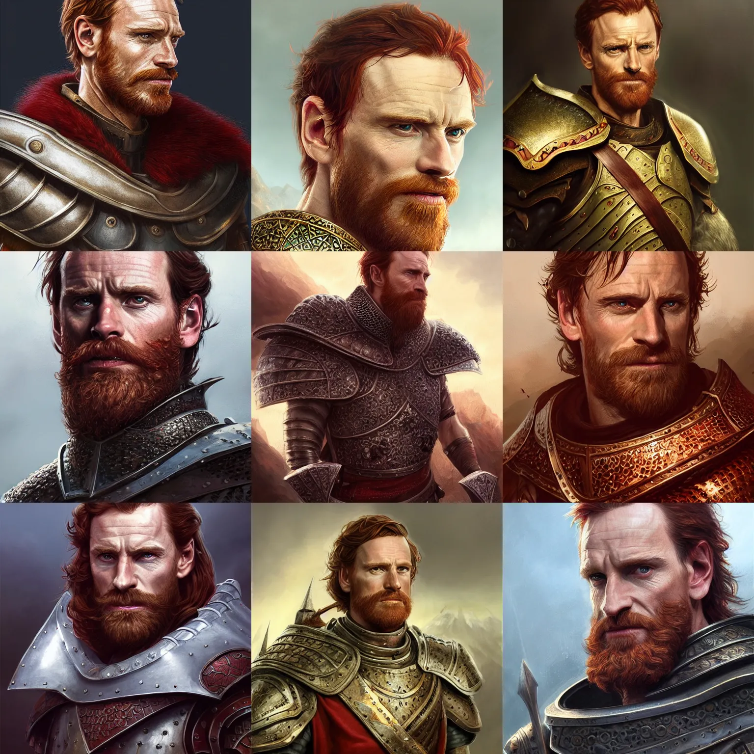 Prompt: king richard the lionheart, michael fassbender, armor, reddish hair, reddish beard, D&D, fantasy, portrait, highly detailed, digital painting, trending on artstation, concept art, sharp focus, illustration, art by artgerm and greg rutkowski and magali villeneuve