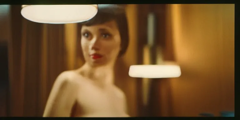 Prompt: photorealistic close up shot Cinematography of a Beautiful woman at night in a mid century modern apartment shot on film at magic hour with the sun shining god rays shining into a large 60's hotel lobby room filled with volumetric haze by the shining Cinematographer john alcott on a cooke panchro 18mm lens and shot on kodak eastman 7254 color 16mm film