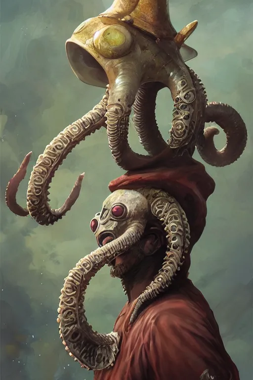 Image similar to portrait of the Plectronoceras cephalopod wizard wearing the epic artifact headgear by artgerm and Craig Mullins, James Jean, Andrey Ryabovichev, Mark Simonetti and Peter Morbacher 16k