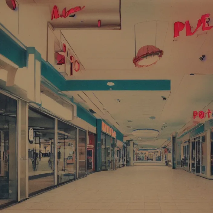 Prompt: unsettling polaroid of a retro mall, deep depth of field. highly detailed, hyper realism, hd, 4 k