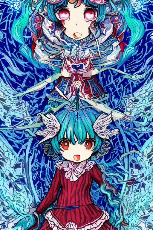 Prompt: cirno, touhou project, official artwork, intricate, amazing line work, colorful, tarot cards, the devil tarot card