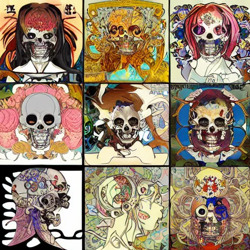 Image similar to anime manga skull portrait dragon head face skeleton illustration style by Alphonse Mucha and Takashi Murakami pop art nouveau