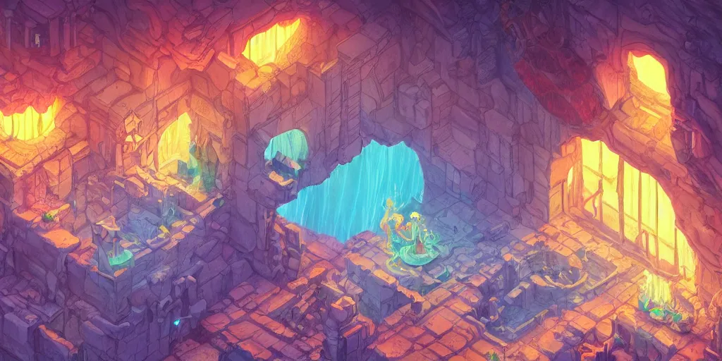 Image similar to isometric room of a room filled with white lava, house in the rock, colorful dream, glowing lights, epic fantasy, colorfully, detailed illustration, digital art, highly saturated colors, overdetailed art, concept art, detailed illustration, hd, 4 k, digital art, greg rutkowski, dan mumford, studio ghibli trending on artstation