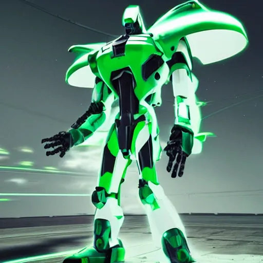 Prompt: saudi futuristic warrior mecha, green and white neon, full body mecha suit, epic urban battle, Murata Yasushi Nirasawa Style, beautiful aesthetic, photorealistic, volumetric lighting, hyperrealistic, octane render, HDR, Production IG Studios Anime Style, concept art