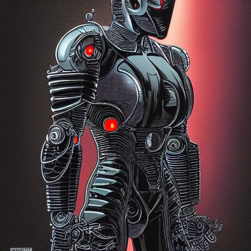 Prompt: a cyborg warrior in black mechanical armour by Moebius, 8k, detailed